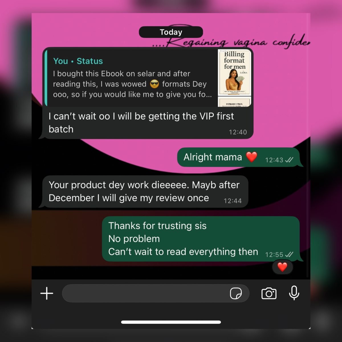 Customer WhatsApp feedback — customer getting the VIP first batch, product dey work