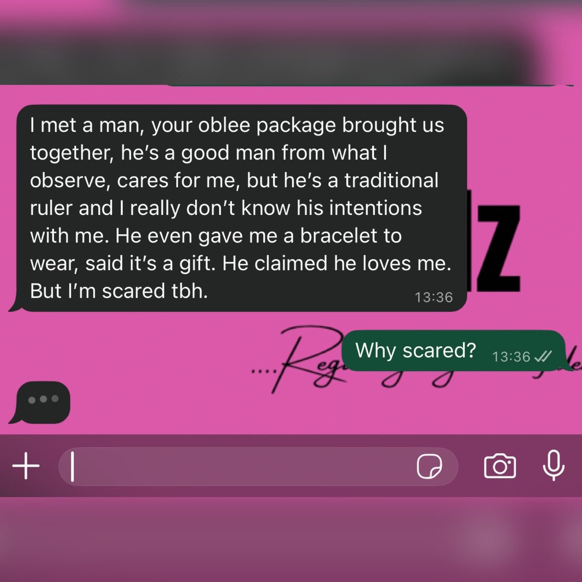 Customer WhatsApp feedback — she met a good man after using the OBLE package